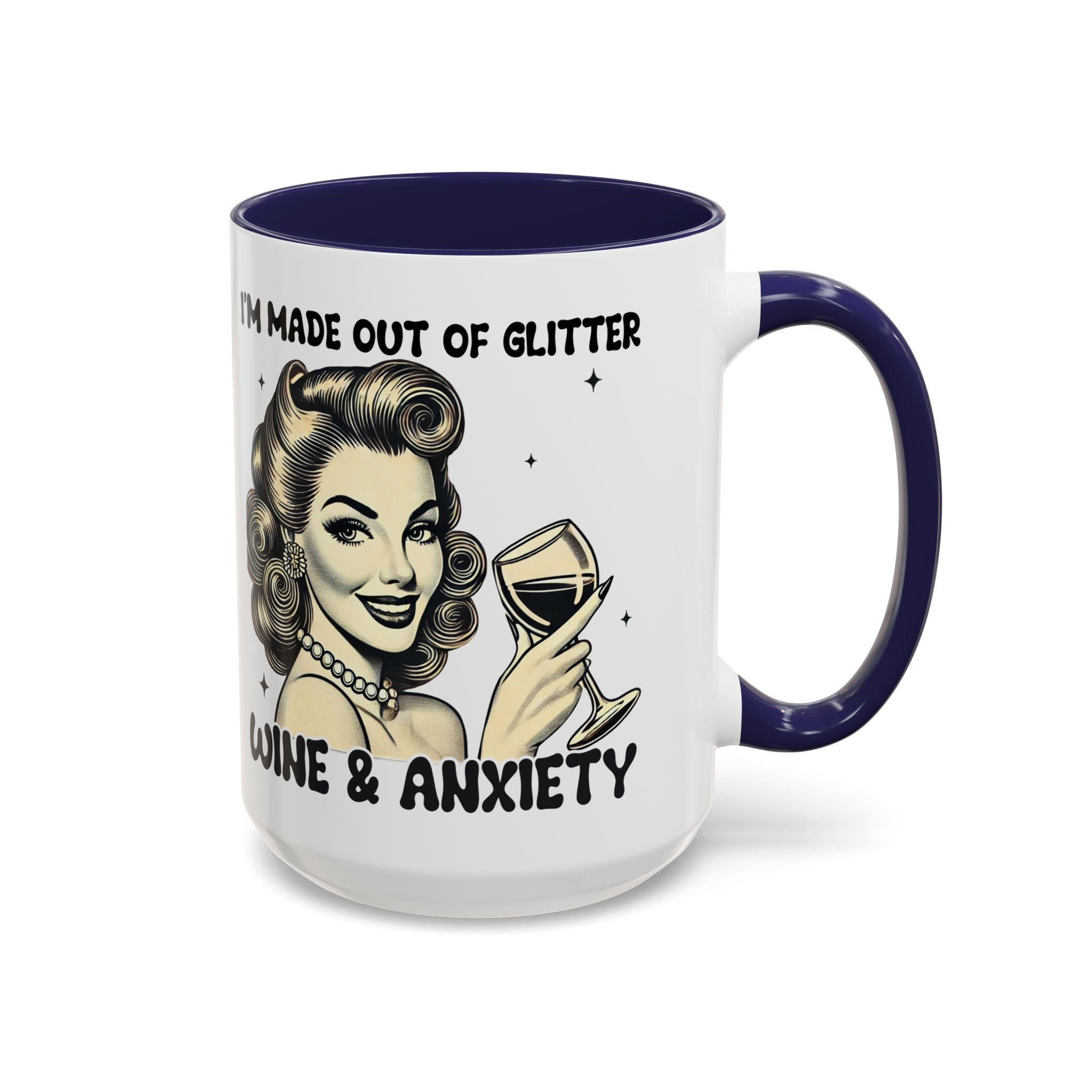 Wine & Anxiety Coffee Mug — "I'm Made Out of Glitter, Wine & Anxiety" Retro Accent Mug