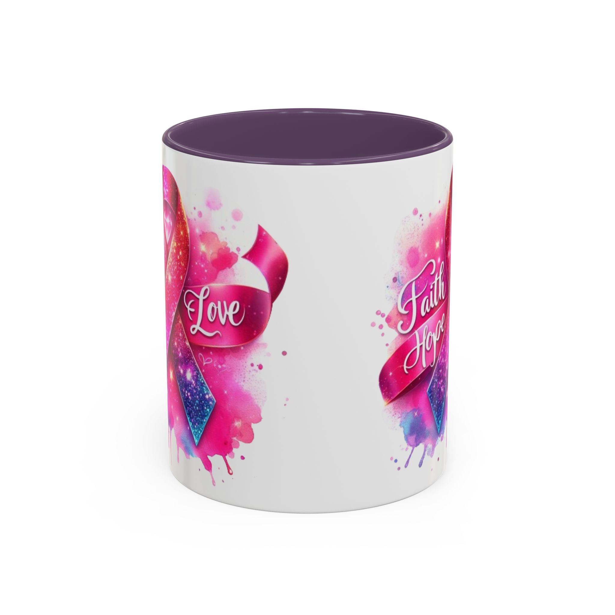 Inspirational Ribbon Coffee Mug - Faith, Hope, Love, Support, Gift for Cancer Awareness, Breast Cancer, Encouragement, Motivational