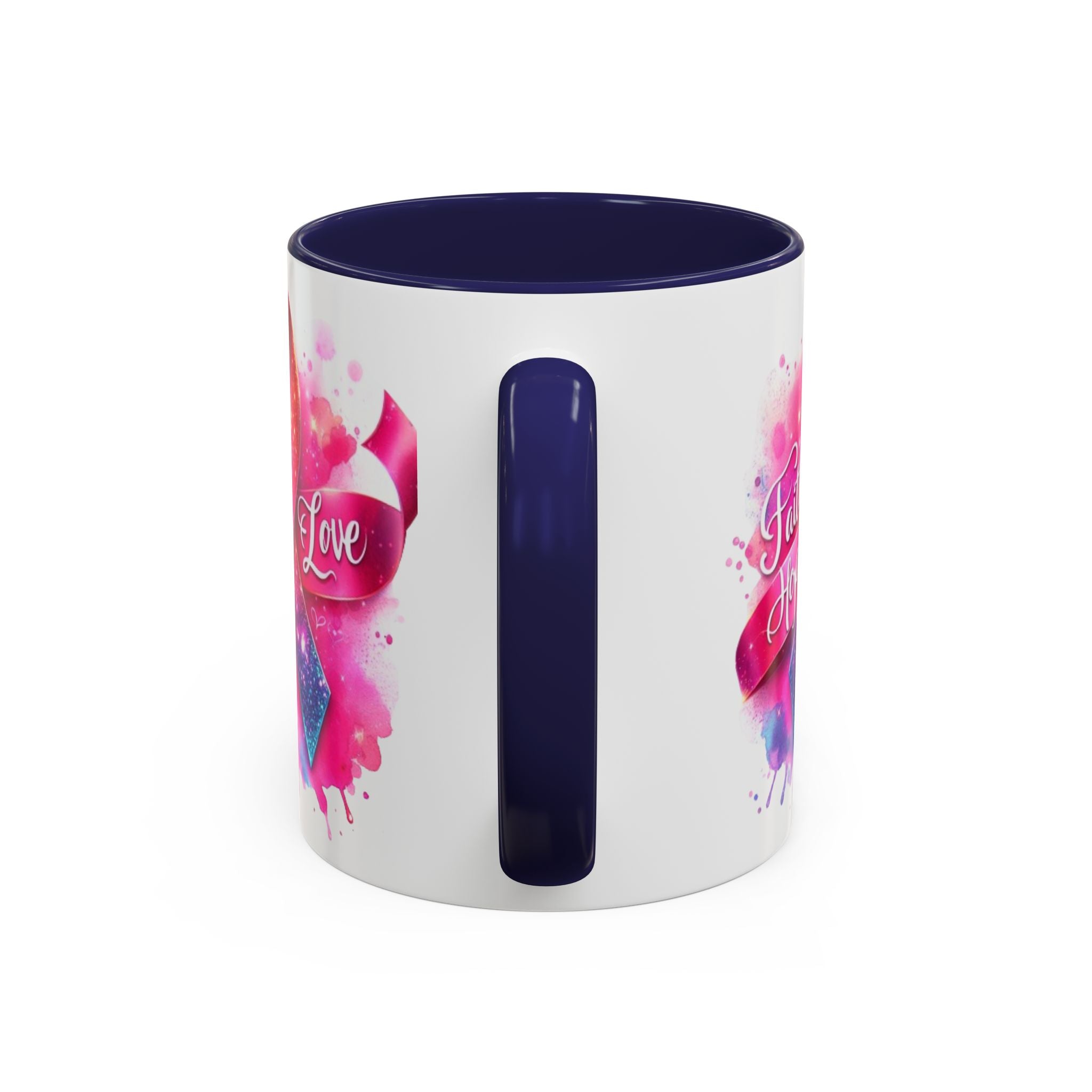 Inspirational Ribbon Coffee Mug - Faith, Hope, Love, Support, Gift for Cancer Awareness, Breast Cancer, Encouragement, Motivational