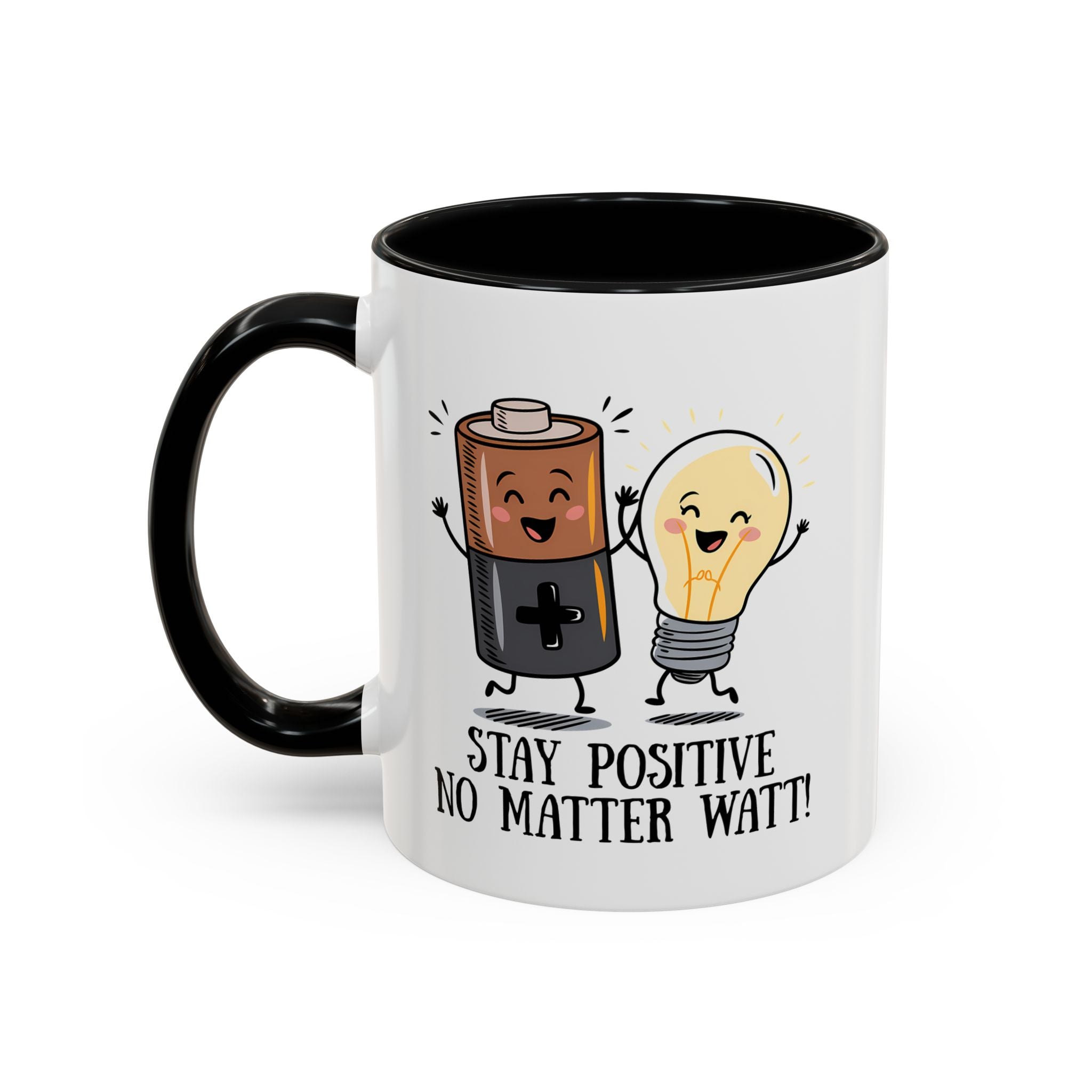 Stay Positive Accent Coffee Mug - 11oz & 15oz - Cute Light Bulb & Battery Design