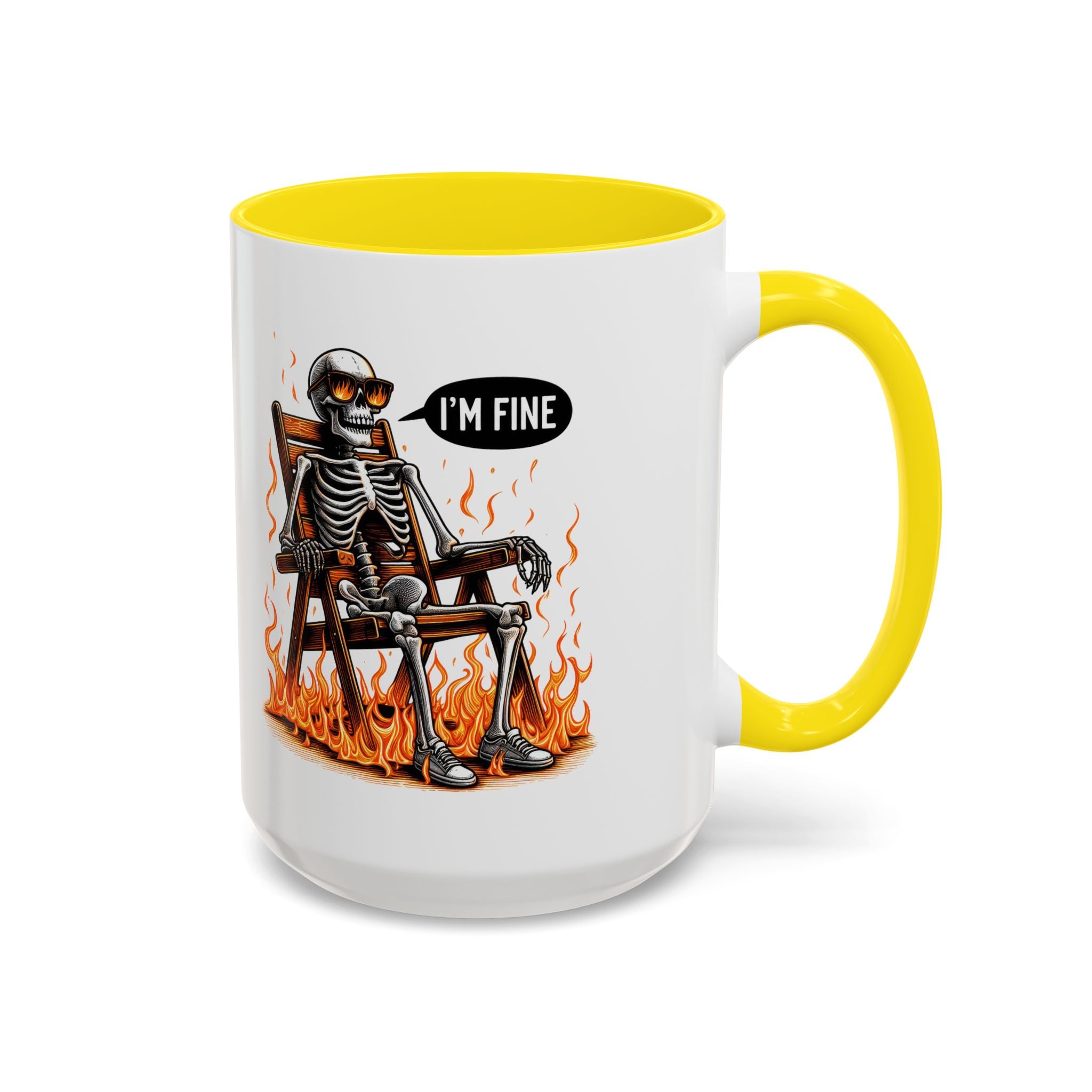Funny I'M fine  Skeleton on fire Coffee Mug - Humor Gift for Halloween, Coffee Lovers,  Decor, Gag Gift, 11-15oz Accent Mug