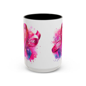 Inspirational Ribbon Coffee Mug - Faith, Hope, Love, Support, Gift for Cancer Awareness, Breast Cancer, Encouragement, Motivational