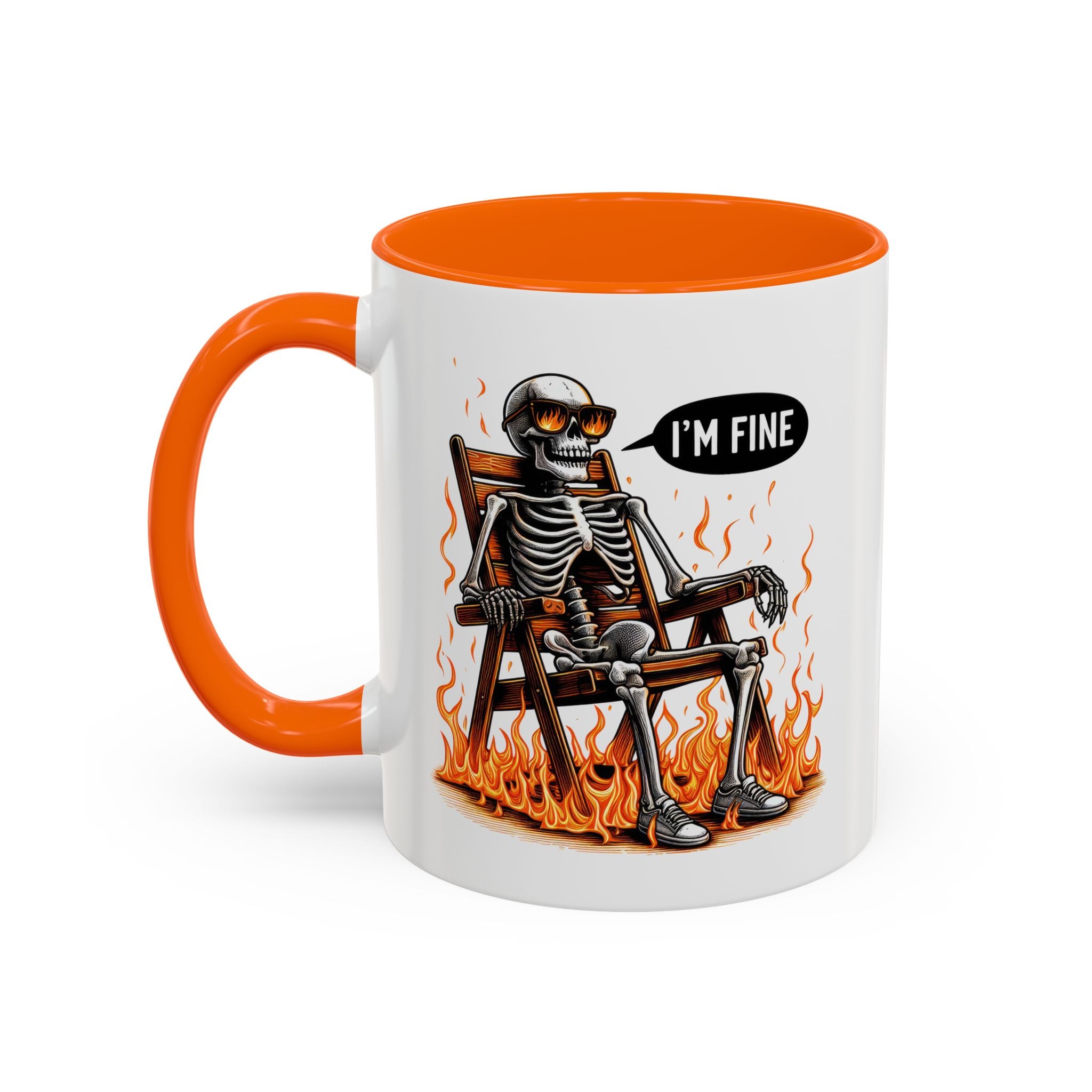 Funny I'M fine  Skeleton on fire Coffee Mug - Humor Gift for Halloween, Coffee Lovers,  Decor, Gag Gift, 11-15oz Accent Mug