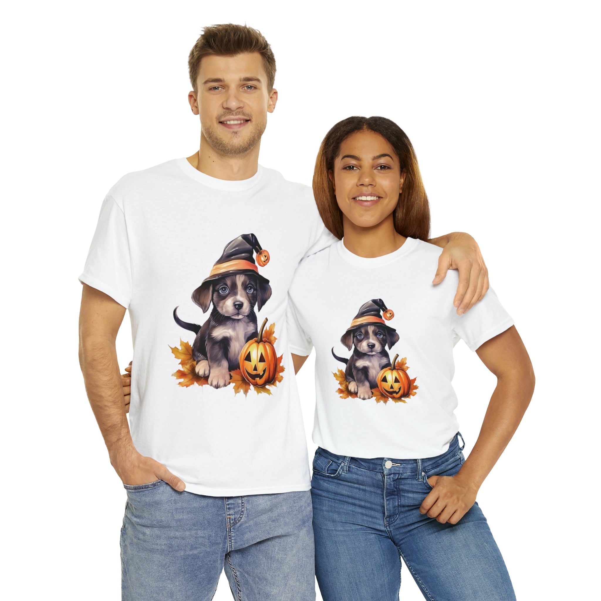 halloween t shirt puppy in witch hat cute gift for her stocking stuffer fall fun item for whole family Unisex Heavy Cotton Tee