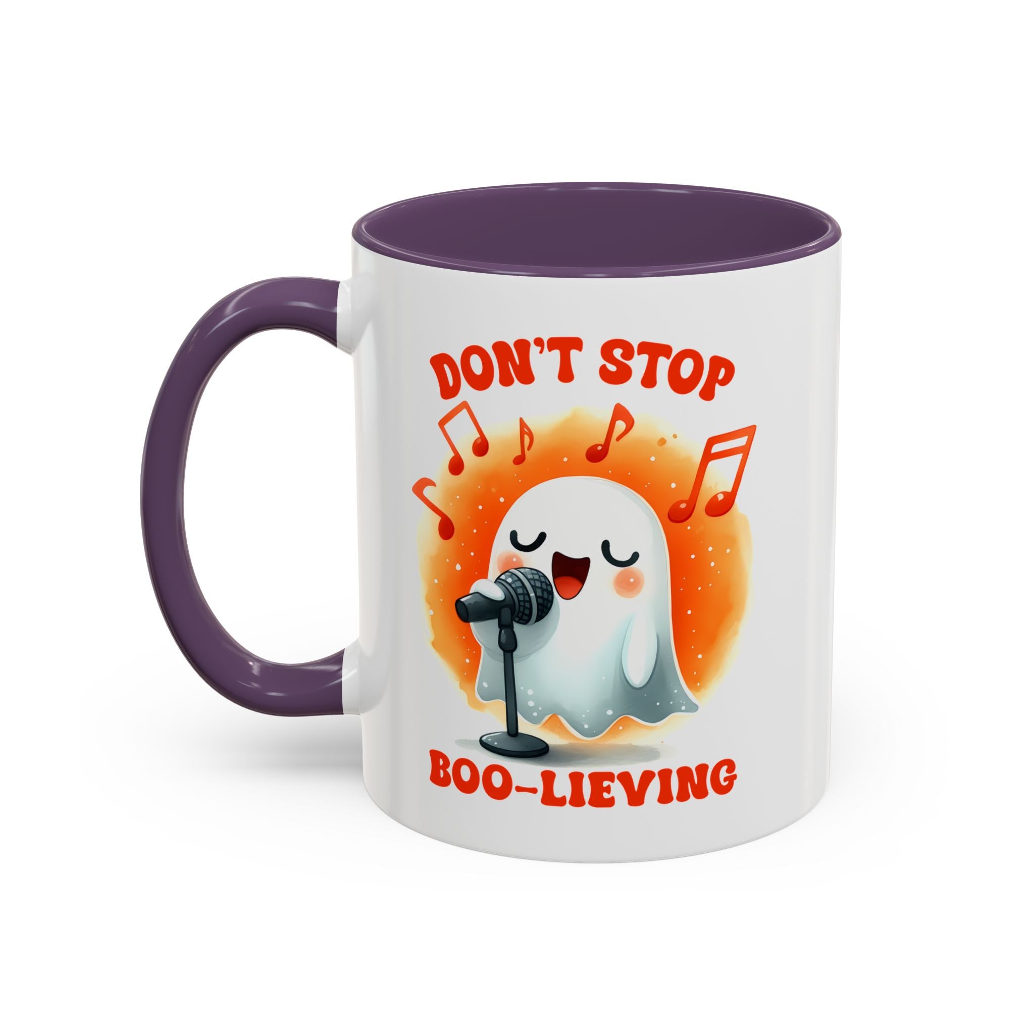 Ghost Coffee Mug, Perfect for Halloween, Fun Gift for Kids & Adults, Don't Stop Boo-lieving Mug, Caffeinated Spirits