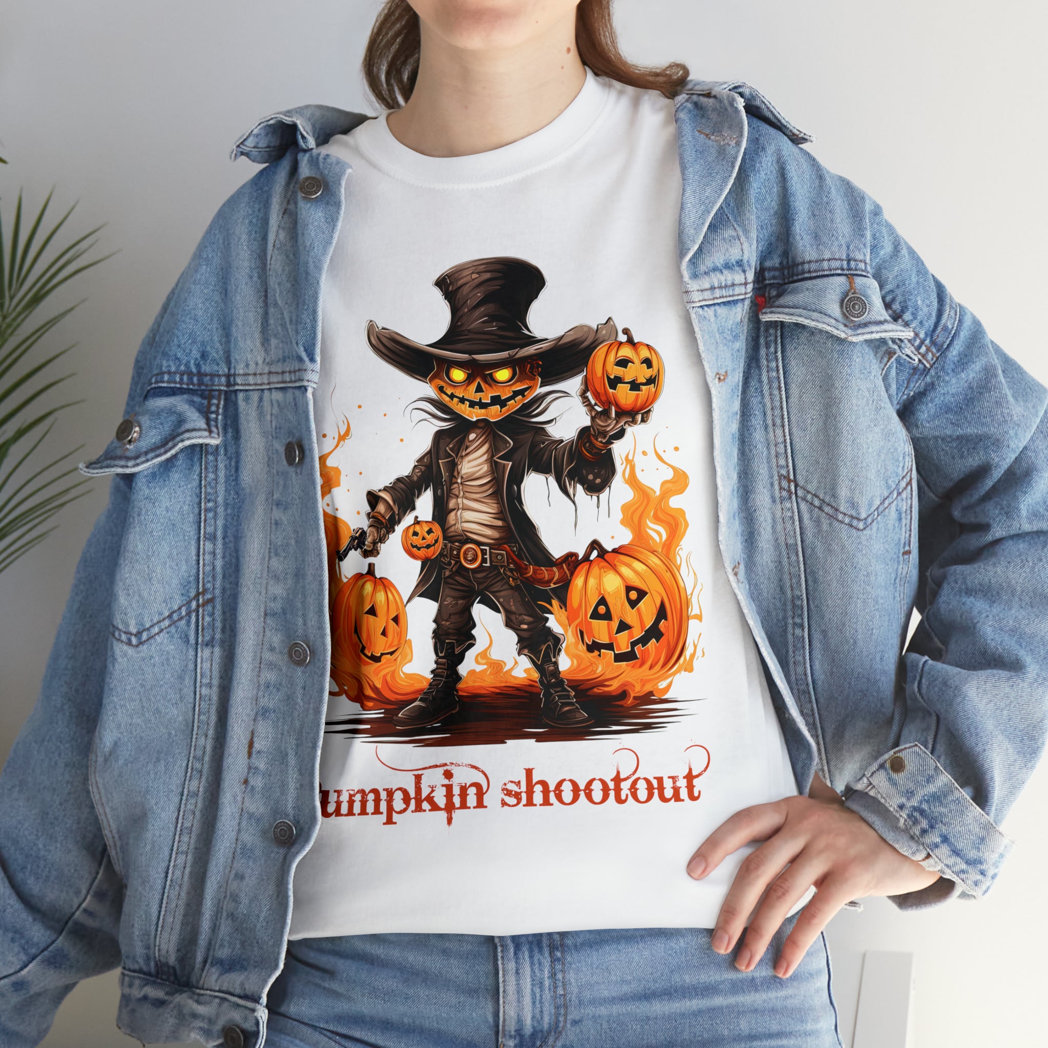 Halloween t shirt pumpkin western style shootout funny fall fun scary stocking stuffer for whole family  cotton tee