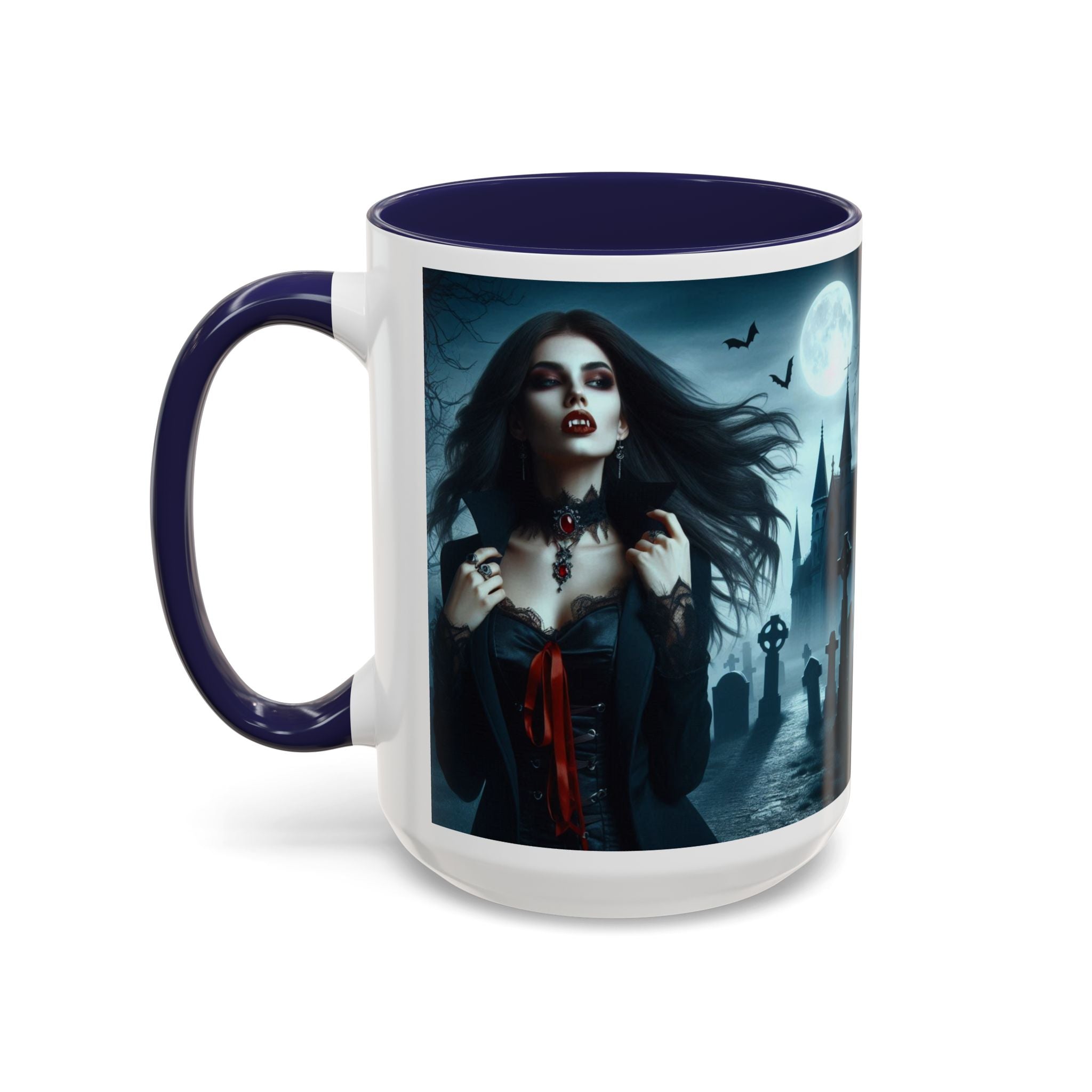 Gothic Vampire Coffee Mug - Spooky Halloween Drinkware in graveyard by castle