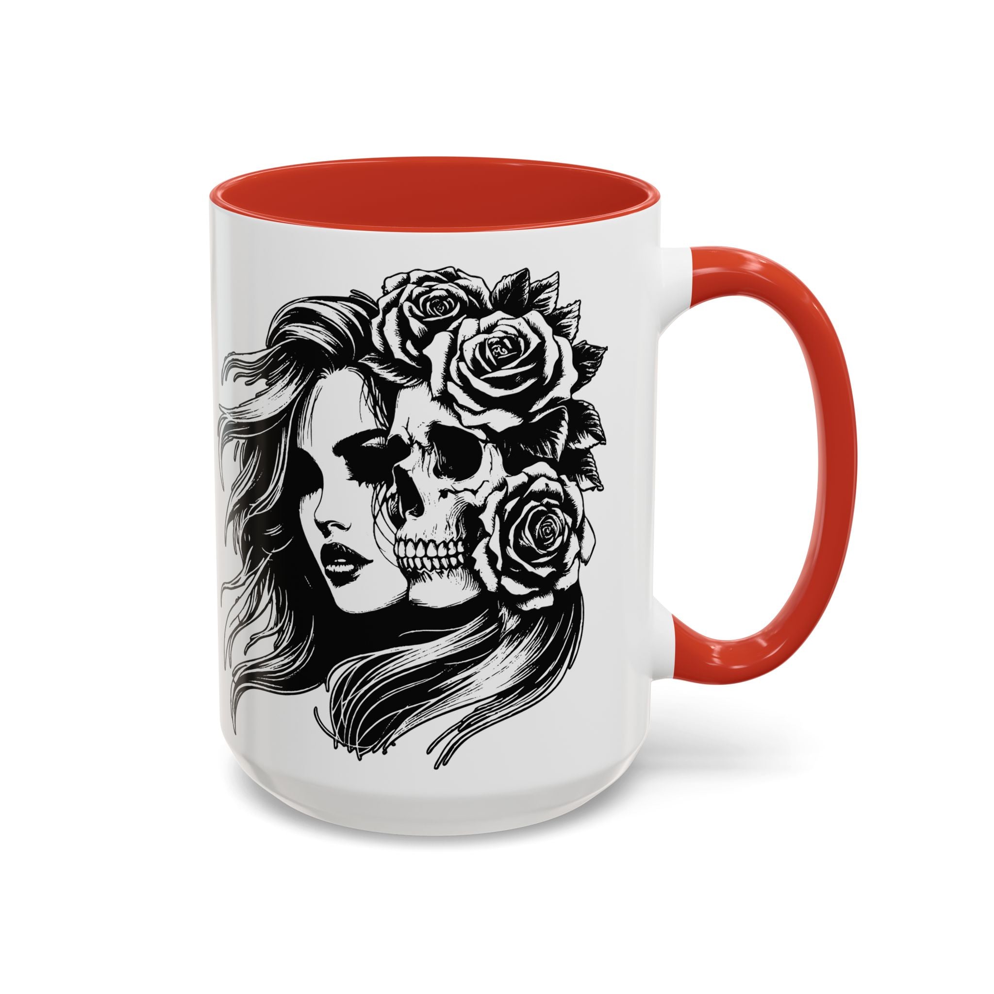 Skull & Rose Accent Coffee Mug — Gothic Half-Skull Woman 11/15oz