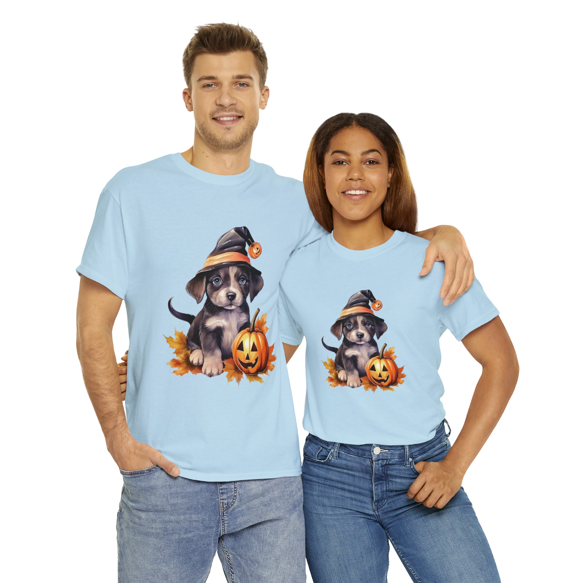 halloween t shirt puppy in witch hat cute gift for her stocking stuffer fall fun item for whole family Unisex Heavy Cotton Tee