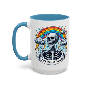 Everything Sucks Skeleton Coffee Mug | 11oz 15oz | Unique Gift for Coffee Lovers, Goth Home Décor, Quirky Humor Mug, Dark Aesthetic