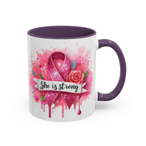 Empowering Pink Ribbon Coffee Mug - She Is Strong, Inspirational Gift for Breast Cancer Awareness, Motivational Drinkware, Supportive [...]
