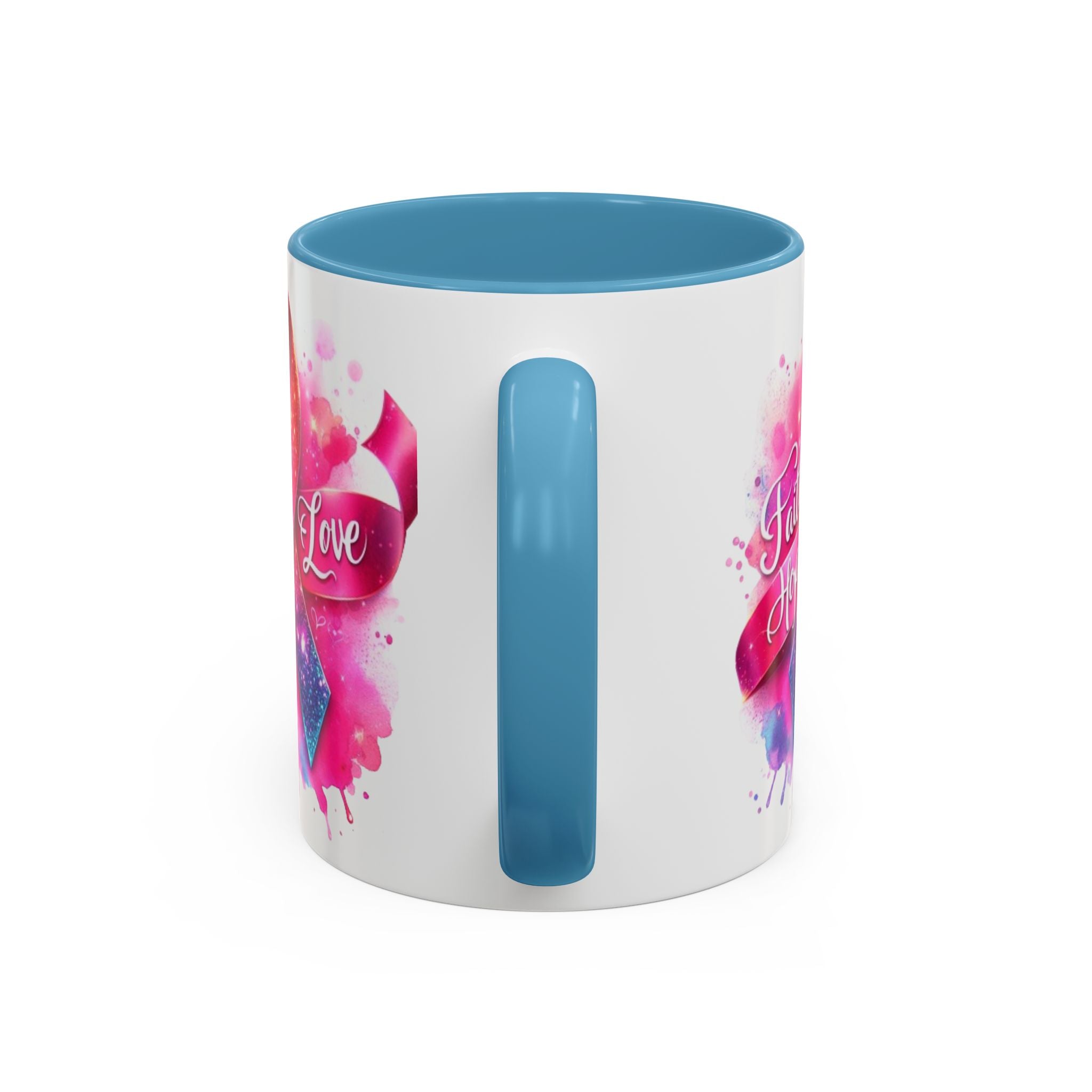 Inspirational Ribbon Coffee Mug - Faith, Hope, Love, Support, Gift for Cancer Awareness, Breast Cancer, Encouragement, Motivational