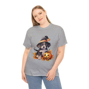 halloween t shirt puppy in witch hat cute gift for her stocking stuffer fall fun item for whole family Unisex Heavy Cotton Tee