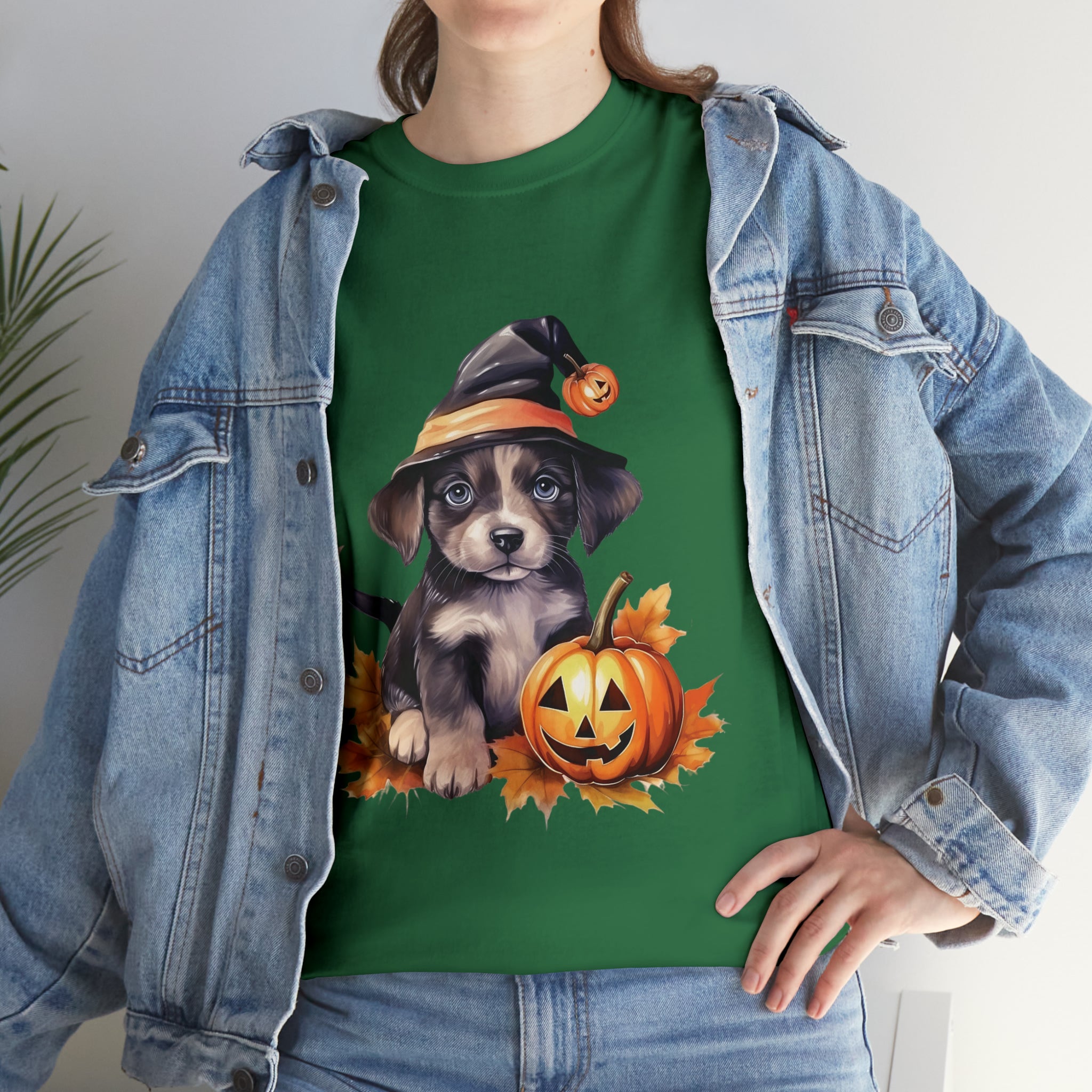 halloween t shirt puppy in witch hat cute gift for her stocking stuffer fall fun item for whole family Unisex Heavy Cotton Tee