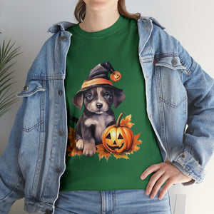 halloween t shirt puppy in witch hat cute gift for her stocking stuffer fall fun item for whole family Unisex Heavy Cotton Tee