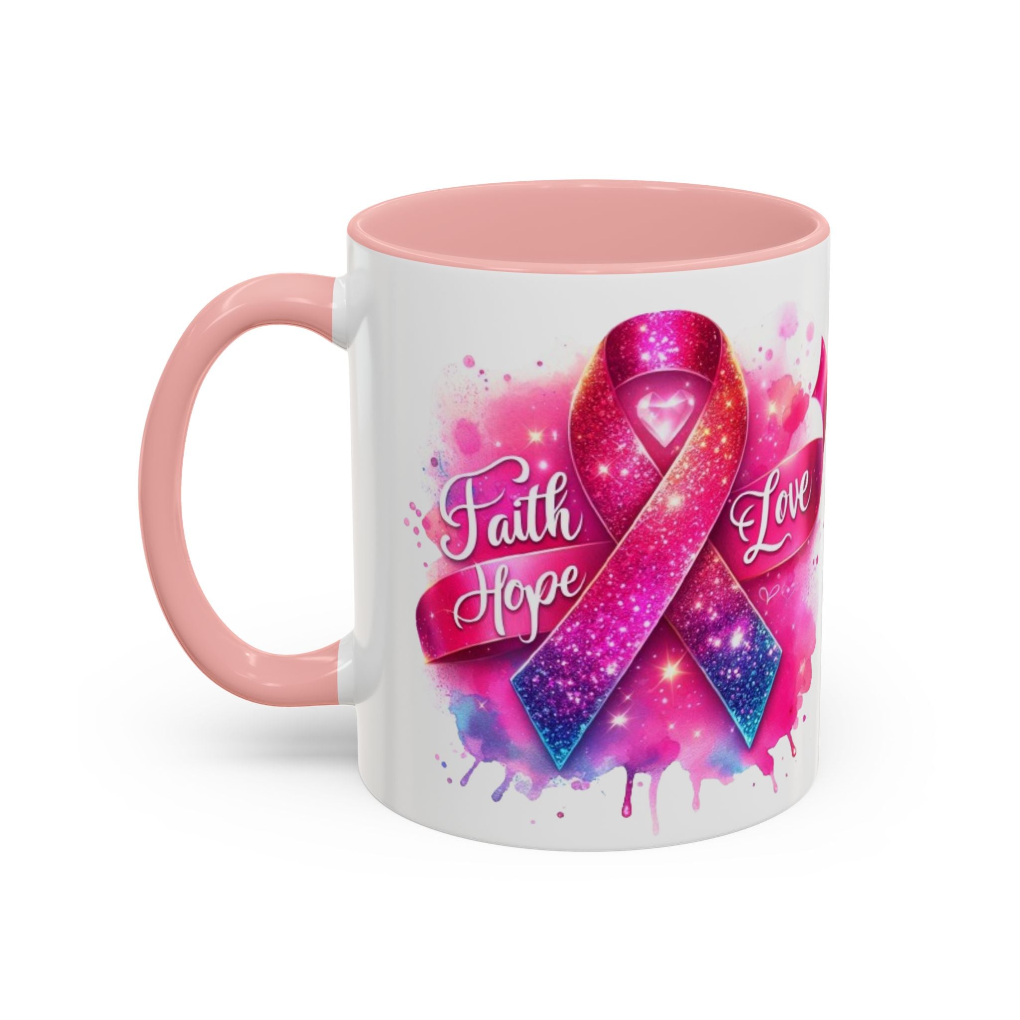Inspirational Ribbon Coffee Mug - Faith, Hope, Love, Support, Gift for Cancer Awareness, Breast Cancer, Encouragement, Motivational