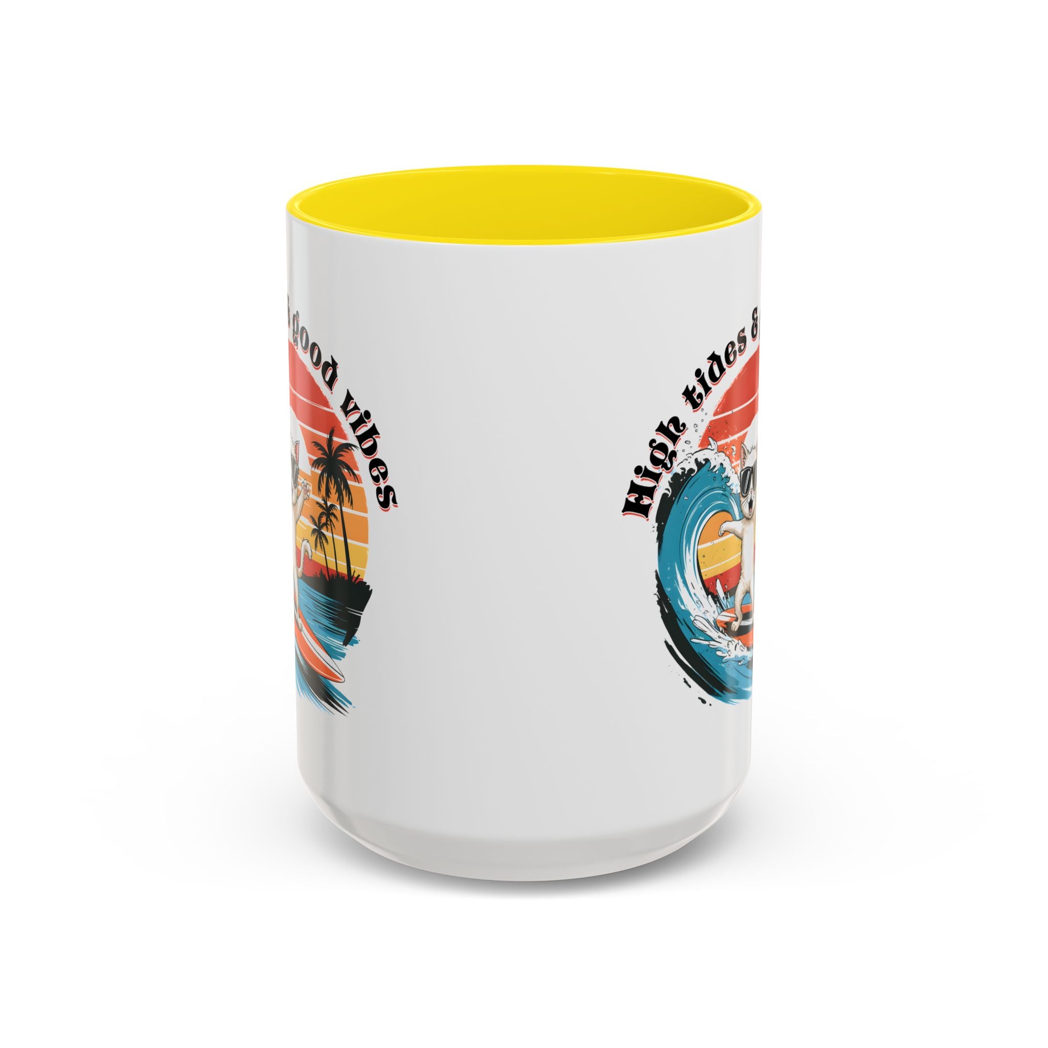 Surfing Cat Coffee Mug - High Tides & Good Vibes - Beach Lover Gift animal lover funny