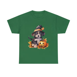 halloween t shirt puppy in witch hat cute gift for her stocking stuffer fall fun item for whole family Unisex Heavy Cotton Tee