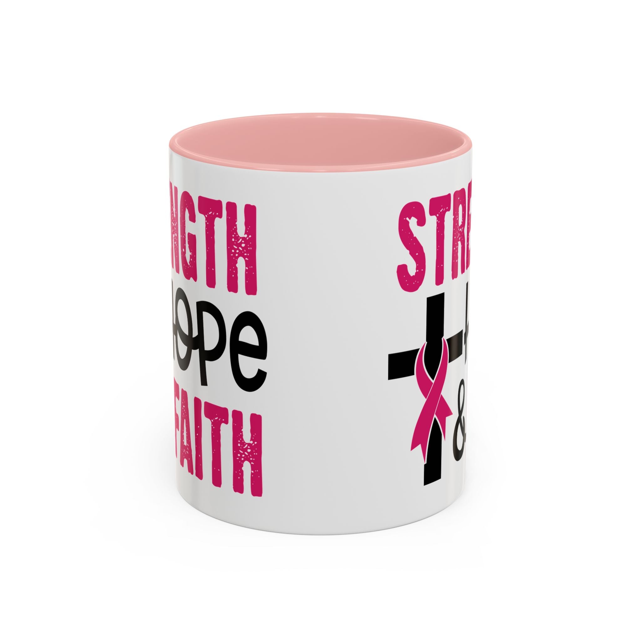 Inspirational Coffee Mug - Strength, Hope, Faith, Pink Ribbon, Christian Gifts, Motivational Drinkware, Breast Cancer Awareness