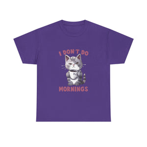 I Don't Do Mornings Cat Tee | Funny Unisex Cotton T-Shirt, Gift for Cat Lovers, Relaxed Fit Top, Cute Pet Owner Appreciation