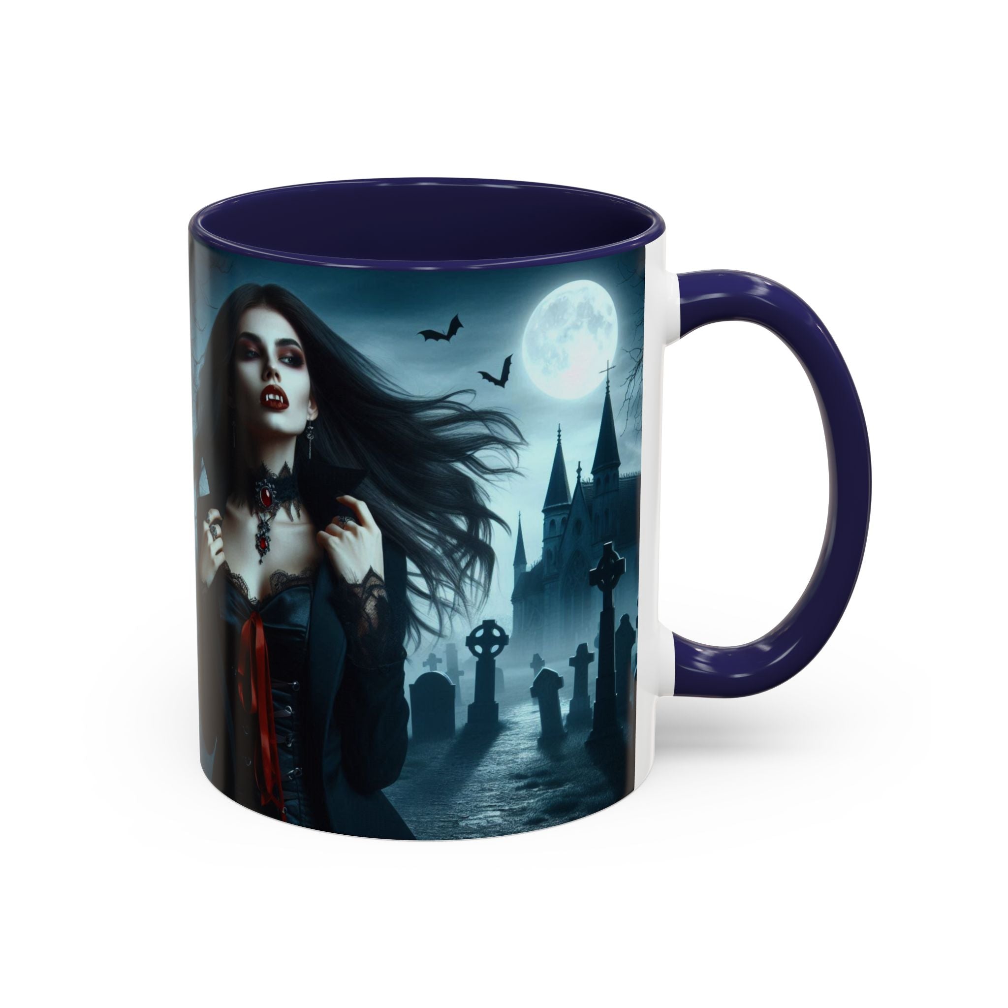 Gothic Vampire Coffee Mug - Spooky Halloween Drinkware in graveyard by castle