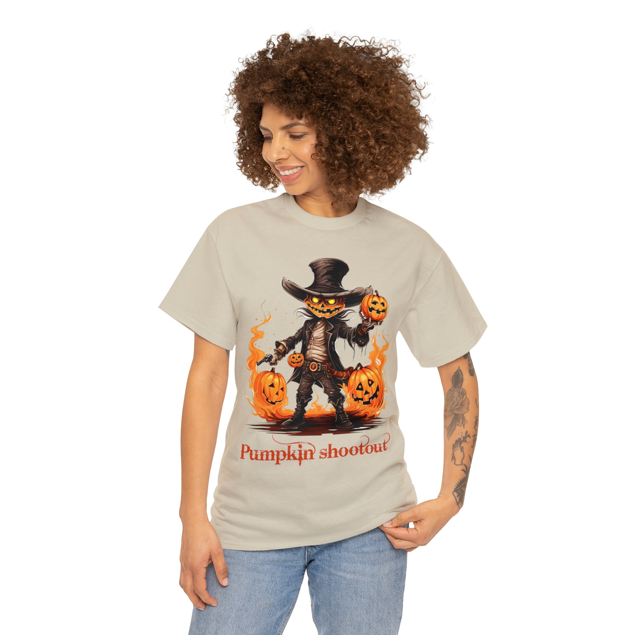 Halloween t shirt pumpkin western style shootout funny fall fun scary stocking stuffer for whole family  cotton tee
