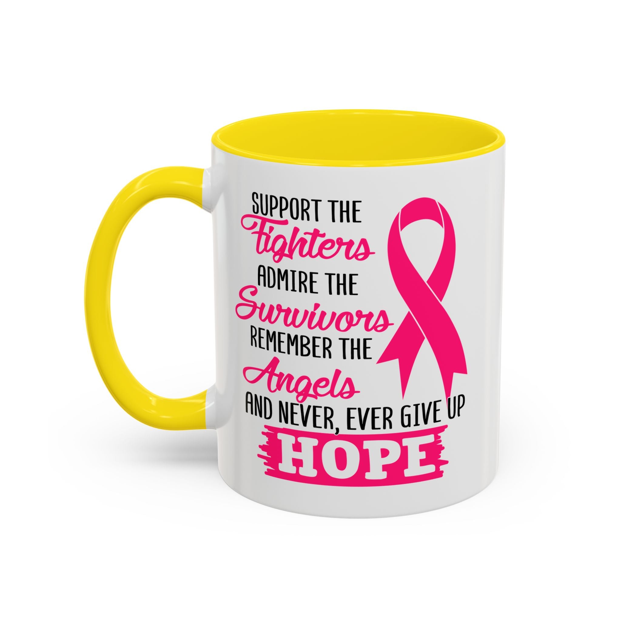 Inspirational Pink Ribbon Coffee Mug: Support Fighters, Admire Survivors, Celebrate Hope, Gift for Cancer Awareness, Motivational Mug