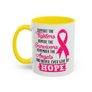 Inspirational Pink Ribbon Coffee Mug: Support Fighters, Admire Survivors, Celebrate Hope, Gift for Cancer Awareness, Motivational Mug