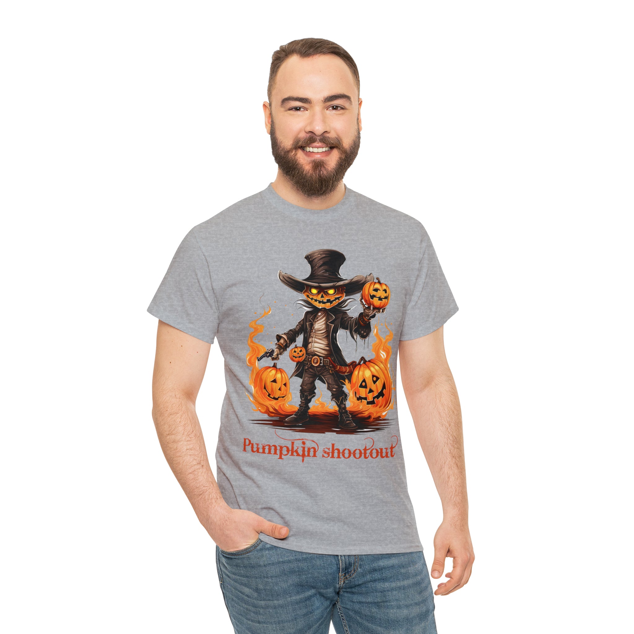 Halloween t shirt pumpkin western style shootout funny fall fun scary stocking stuffer for whole family  cotton tee