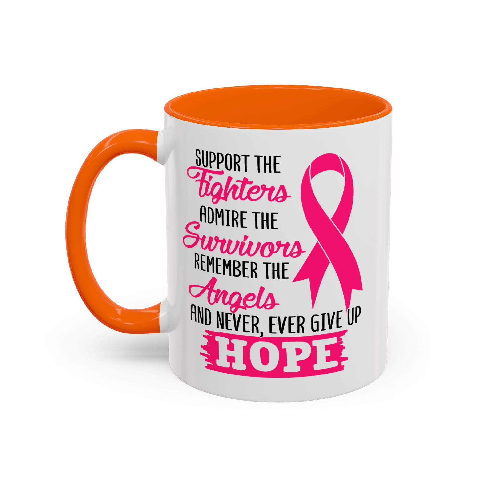 Inspirational Pink Ribbon Coffee Mug: Support Fighters, Admire Survivors, Celebrate Hope, Gift for Cancer Awareness, Motivational Mug