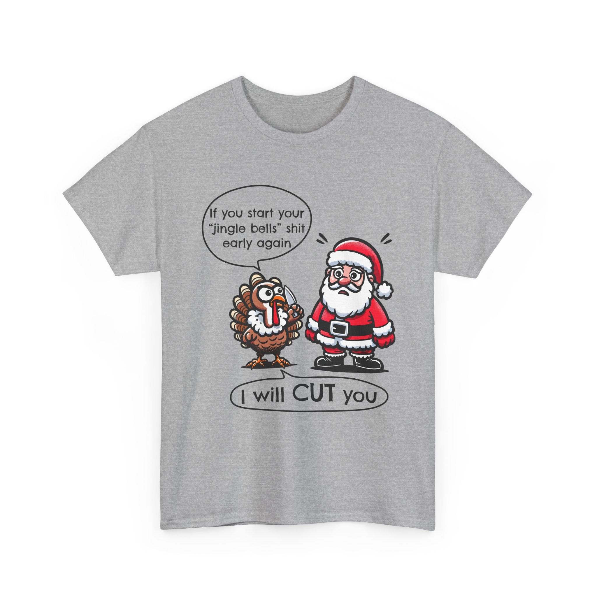 Funny Holiday Tee: 'I Will CUT You' Santa & Turkey Design, Christmas Gift, Unisex Cotton Shirt, Thanksgiving Humor, Festive Apparel