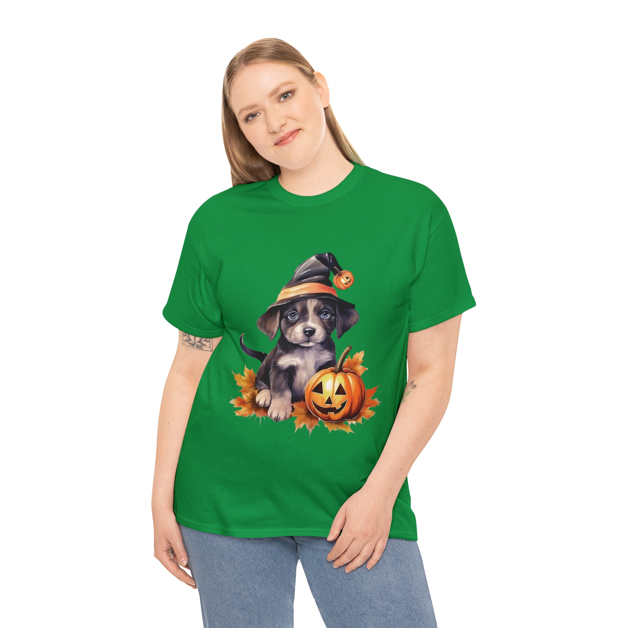 halloween t shirt puppy in witch hat cute gift for her stocking stuffer fall fun item for whole family Unisex Heavy Cotton Tee