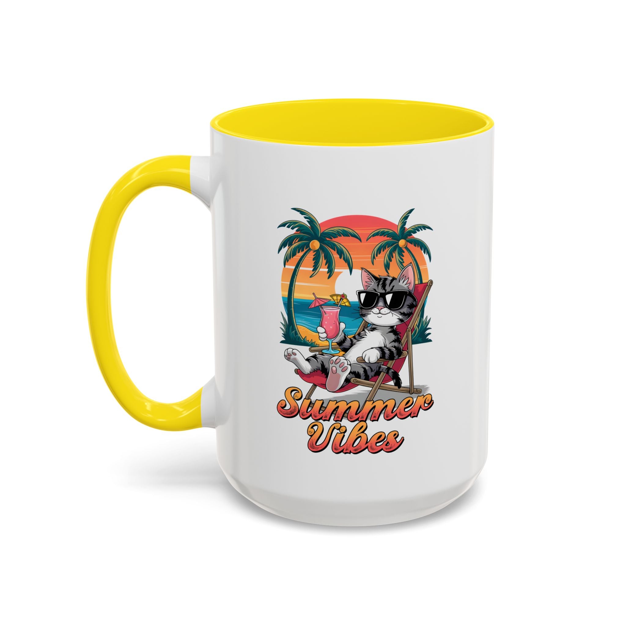 Summer Vibes Coffee Mug, Tropical Cat Mug, Beach Lover Gift, Fun Animal Sipware, Vacation-themed Drinkware, Pet Lover Cup