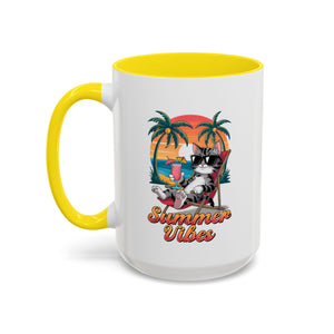 Summer Vibes Coffee Mug, Tropical Cat Mug, Beach Lover Gift, Fun Animal Sipware, Vacation-themed Drinkware, Pet Lover Cup