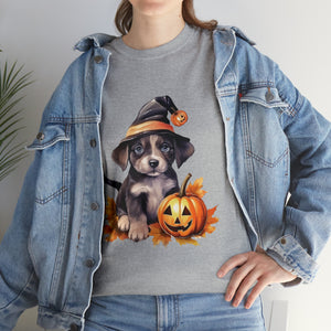 halloween t shirt puppy in witch hat cute gift for her stocking stuffer fall fun item for whole family Unisex Heavy Cotton Tee