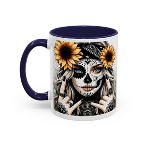 Sunflower Skull Accent Coffee Mug, Gothic Floral Mug, Unique Gift for Coffee Lovers, Boho Decor, Halloween Mug, Artful Drinkware