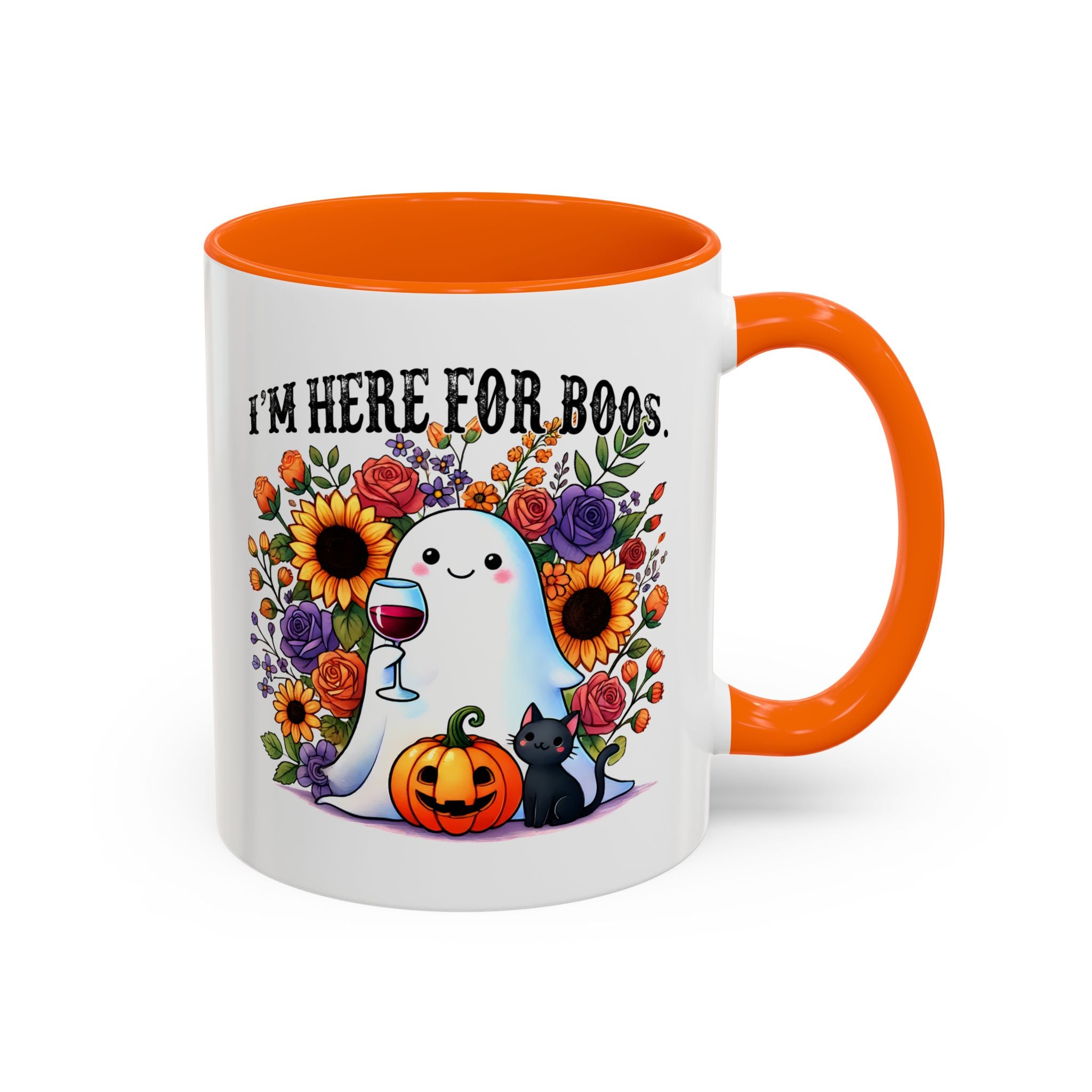 Spooky Floral Coffee Mug - I'm Here for Boos, Halloween Gift, Autumn Decor, Cute Ghost Mug, Cat Lover Drinkware