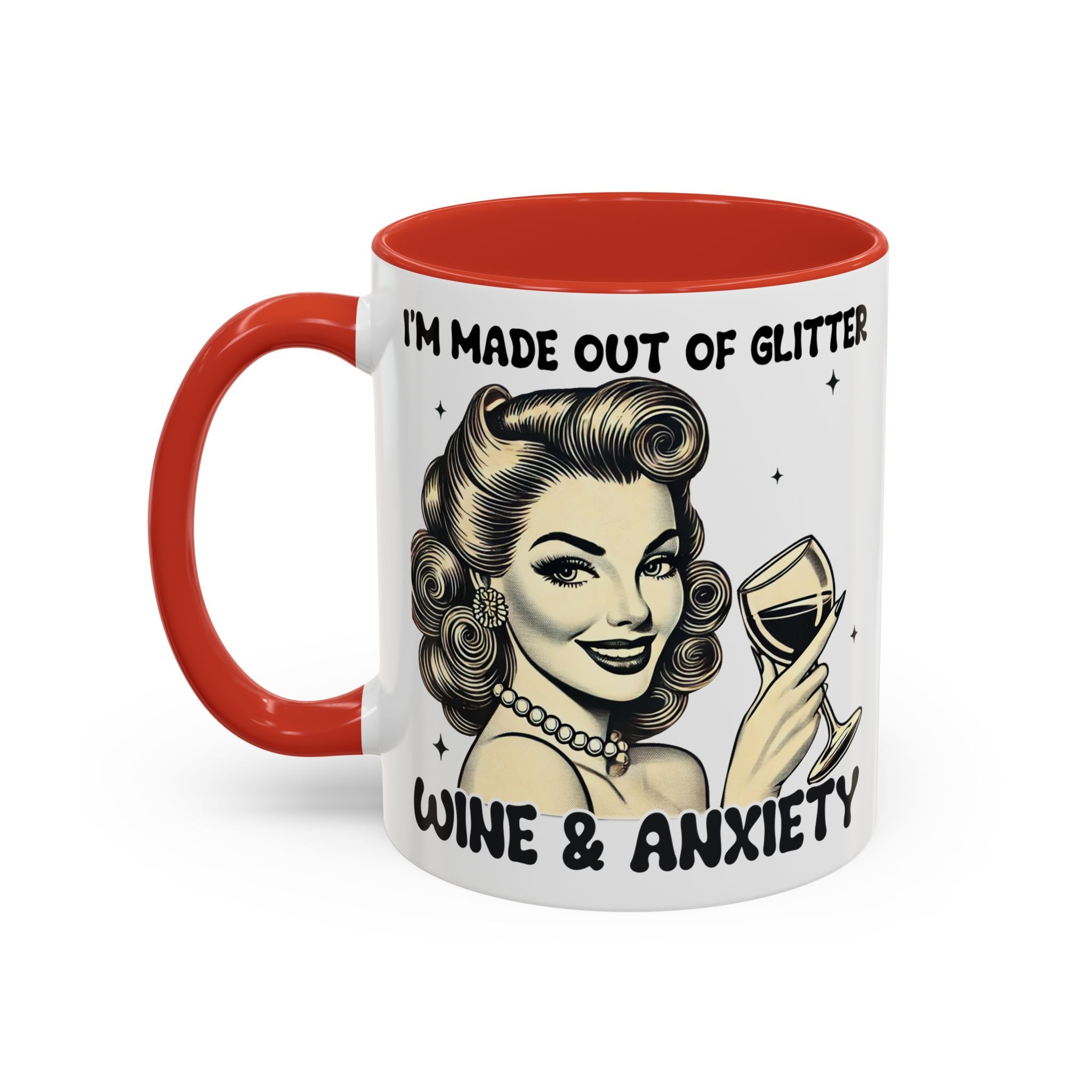 Wine & Anxiety Coffee Mug — "I'm Made Out of Glitter, Wine & Anxiety" Retro Accent Mug