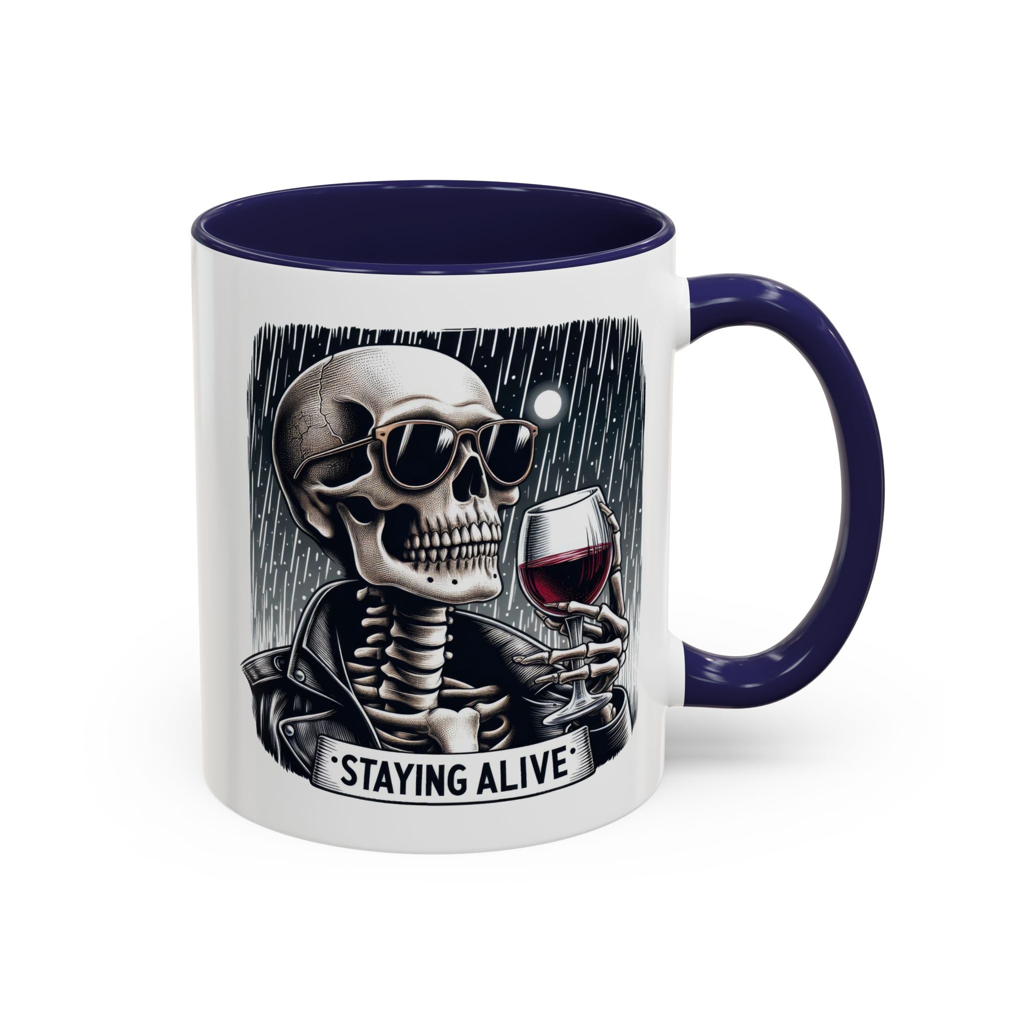 Stylish Skull Coffee Mug, Gothic Drinkware, Staying Alive Gift for Halloween, Funny Office Mug, Alternative Drinkware