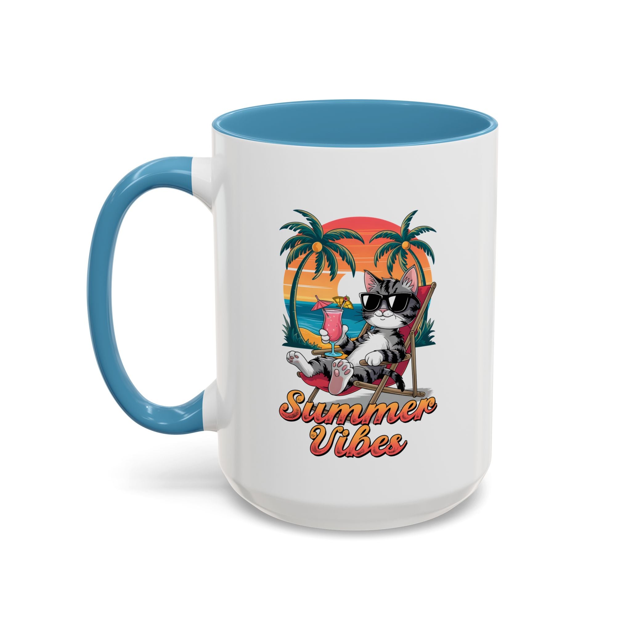 Summer Vibes Coffee Mug, Tropical Cat Mug, Beach Lover Gift, Fun Animal Sipware, Vacation-themed Drinkware, Pet Lover Cup