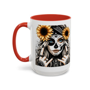 Sunflower Skull Accent Coffee Mug, Gothic Floral Mug, Unique Gift for Coffee Lovers, Boho Decor, Halloween Mug, Artful Drinkware