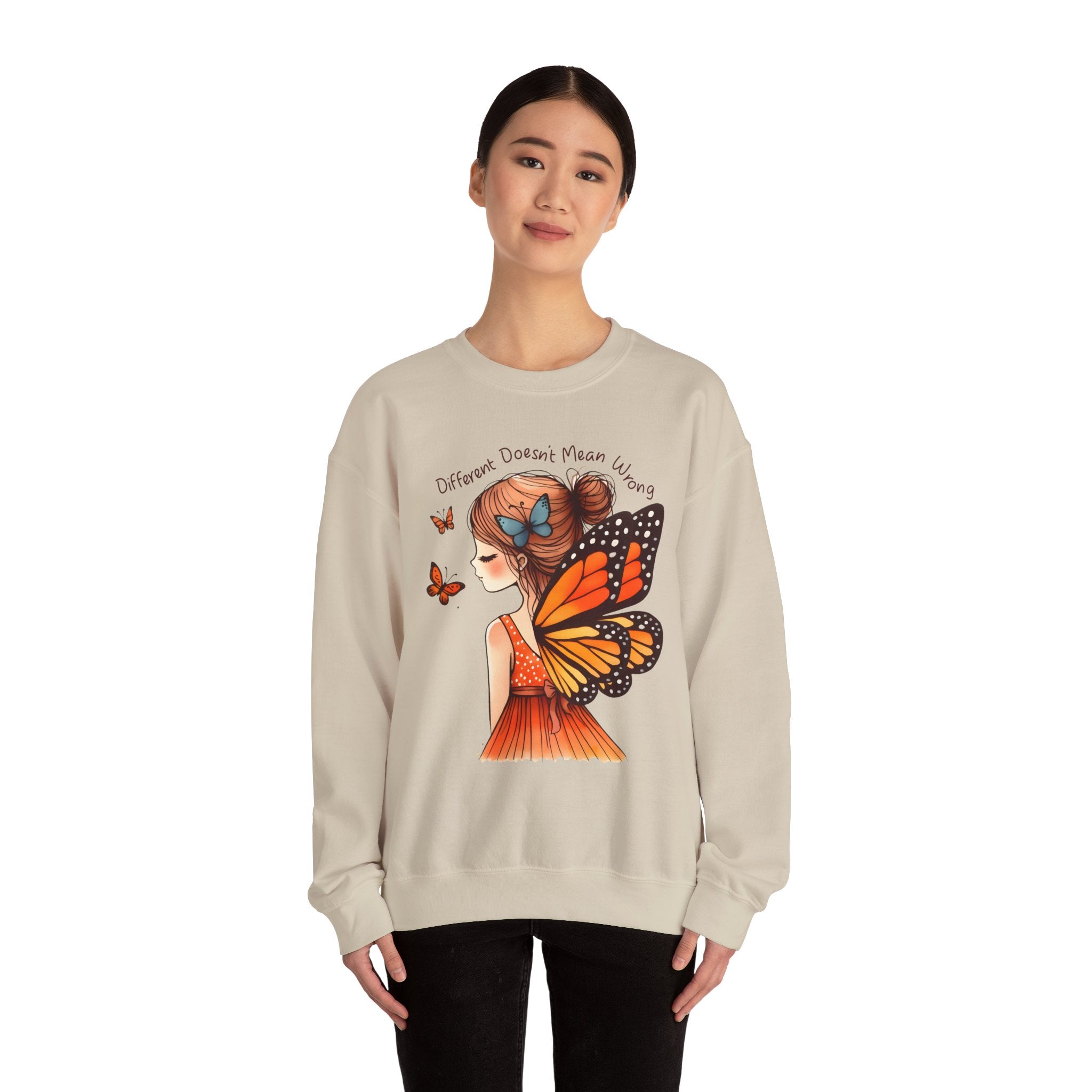 Butterfly Girl Crewneck Sweatshirt — "Different Doesn’t Mean Wrong" Graphic