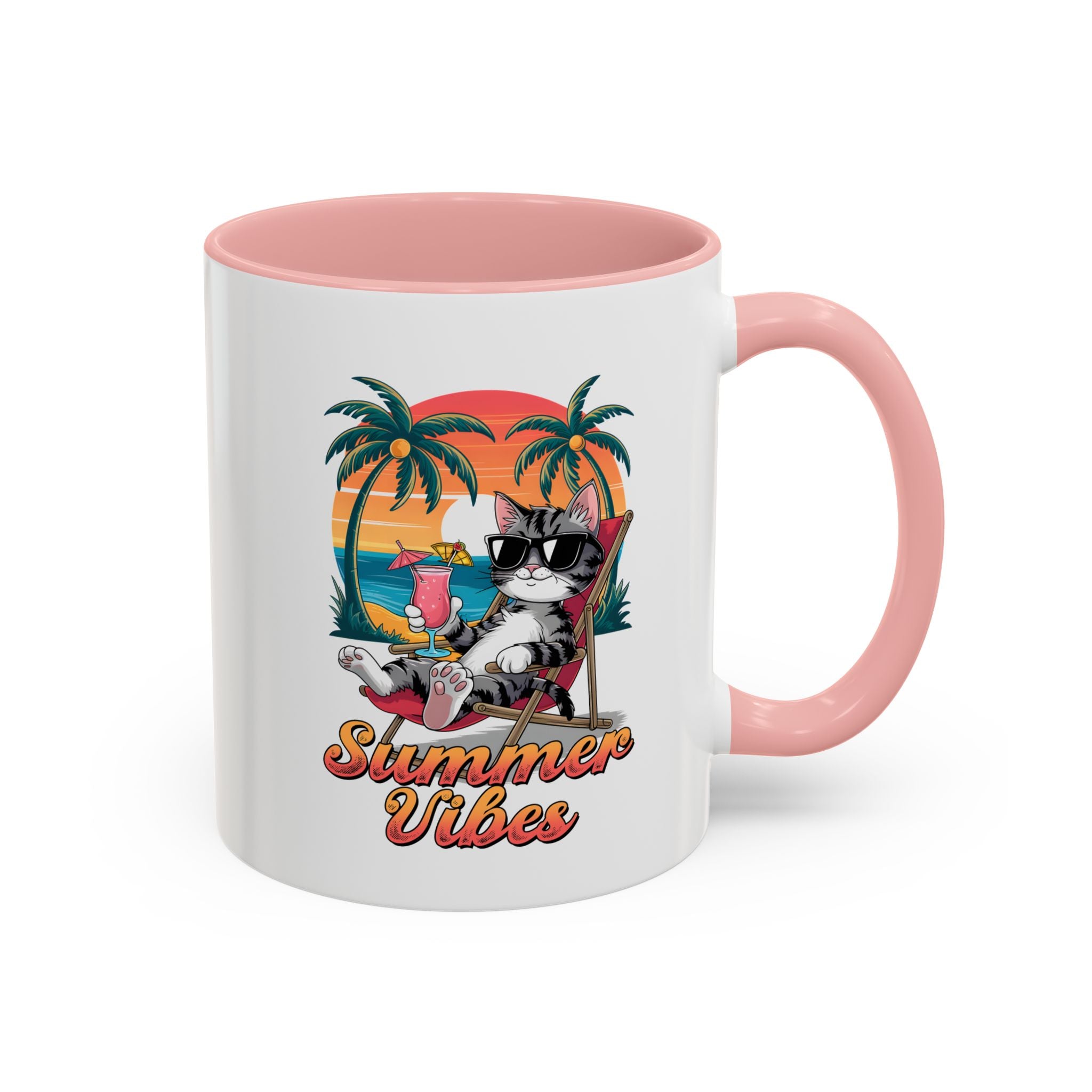 Summer Vibes Coffee Mug, Tropical Cat Mug, Beach Lover Gift, Fun Animal Sipware, Vacation-themed Drinkware, Pet Lover Cup