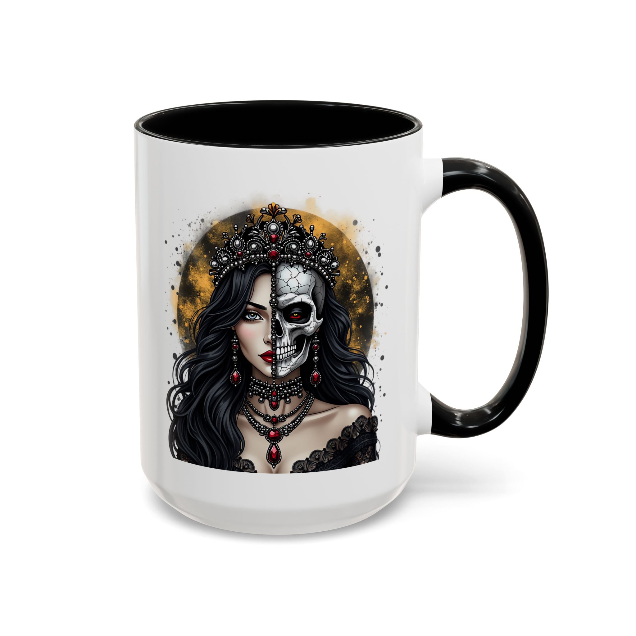 Gothic Art Accent Mug - Artistic Skull & Lady Design, Unique Coffee Cup for Halloween, Gift for Her, Decorative Kitchenware, Dark Aesthetic