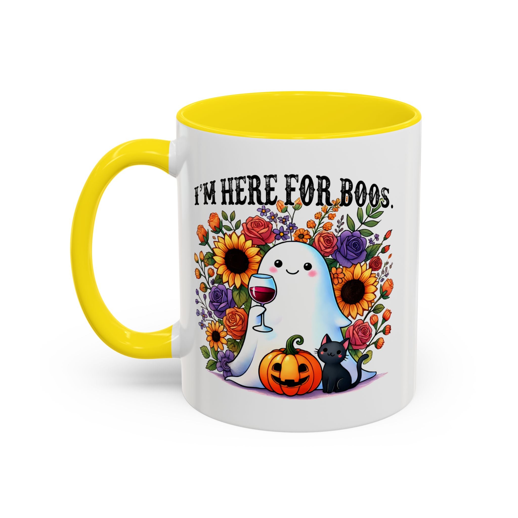 Spooky Floral Coffee Mug - I'm Here for Boos, Halloween Gift, Autumn Decor, Cute Ghost Mug, Cat Lover Drinkware