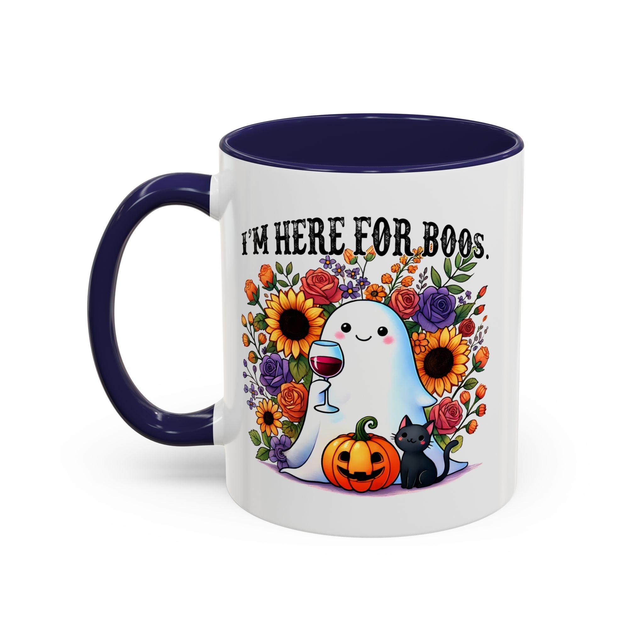 Spooky Floral Coffee Mug - I'm Here for Boos, Halloween Gift, Autumn Decor, Cute Ghost Mug, Cat Lover Drinkware