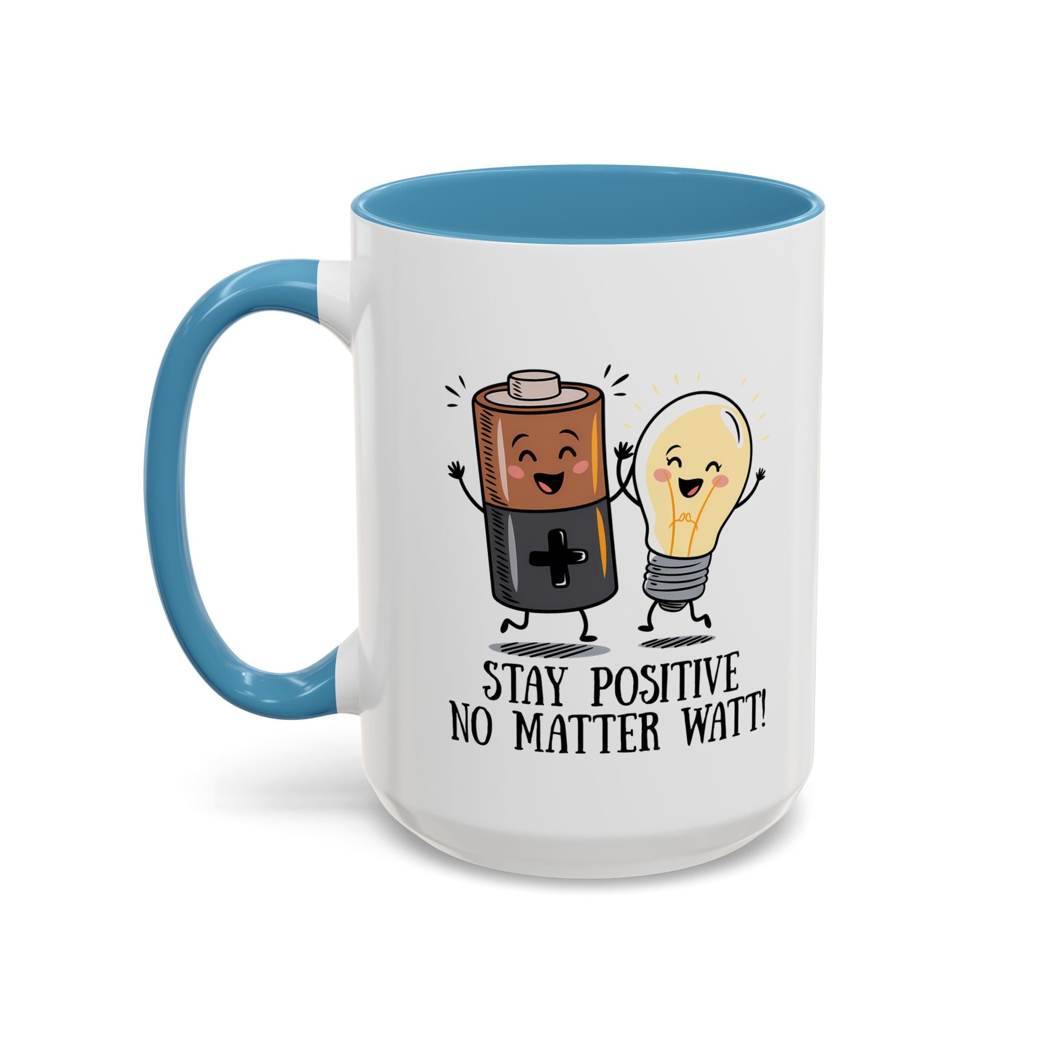 Stay Positive Accent Coffee Mug - 11oz & 15oz - Cute Light Bulb & Battery Design