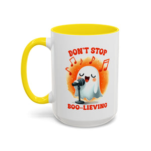 Ghost Coffee Mug, Perfect for Halloween, Fun Gift for Kids & Adults, Don't Stop Boo-lieving Mug, Caffeinated Spirits
