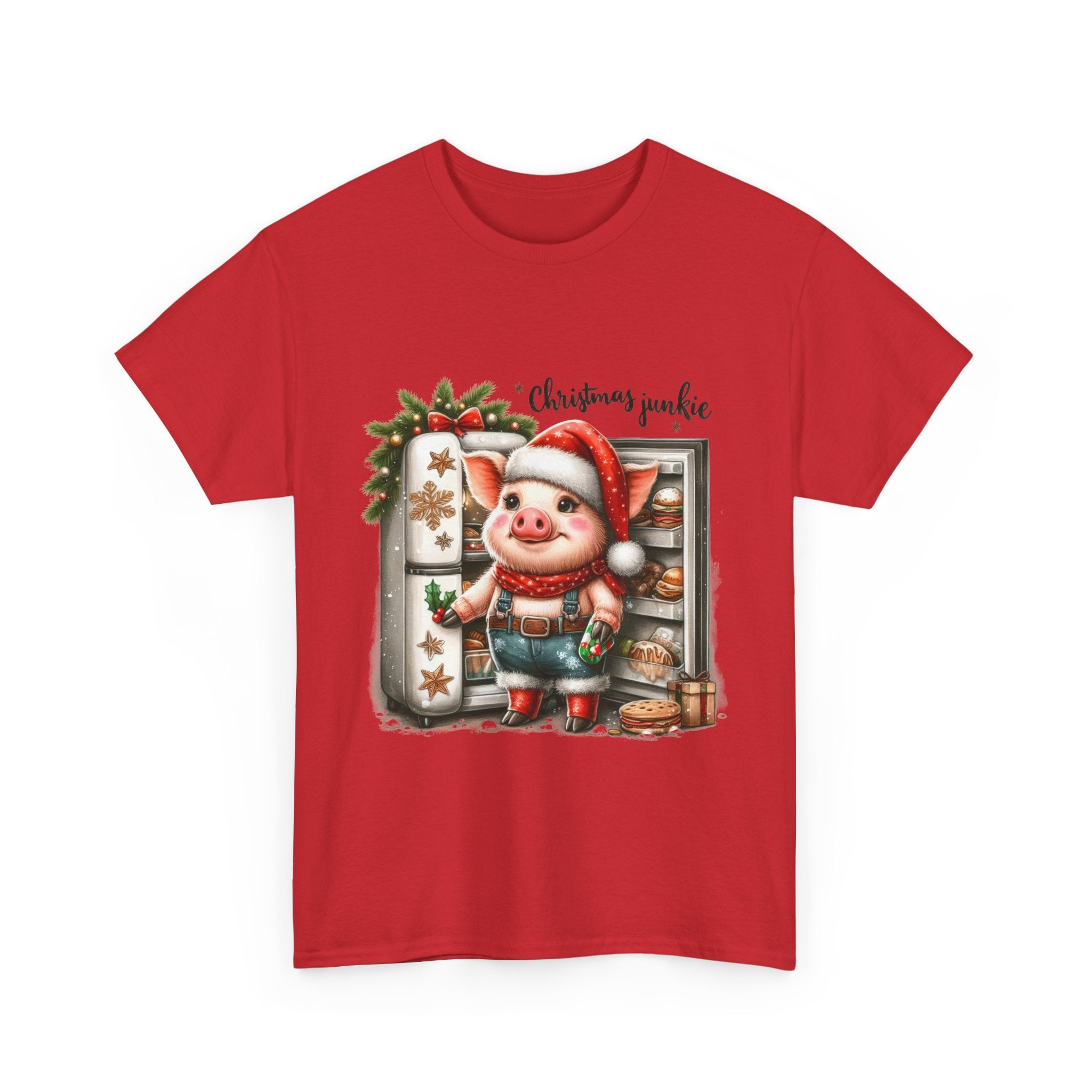Christmas Junkie Unisex Cotton Tee, Fun Holiday Shirt, Christmas Gift, Pig T-Shirt, Festive Apparel, Cute Christmas Outfit