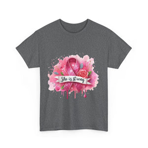 Unisex Heavy Cotton Tee - "She is Strong" Breast Cancer Awareness Shirt, Inspirational Tee, Gift for Her, Supportive Apparel, [...]